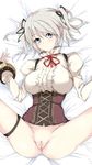  :o bad_id bad_pixiv_id blue_eyes bottomless censored ciel_alencon corset echizen_(hvcv) god_eater god_eater_2:_rage_burst hair_ribbon lying mosaic_censoring on_back pubic_hair pussy ribbon silver_hair solo spread_legs thigh_strap two_side_up 