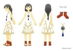  black_hair character_name character_sheet dress english from_behind jewelry long_hair monaka_(siromona) necklace sandals simple_background solo standing the_girl_and_the_robot white_background 