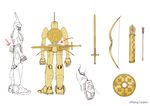  arrow bow_(weapon) character_sheet clenched_hand directional_arrow english from_behind helmet monaka_(siromona) no_humans robot rocket_boots rocket_shoes shield simple_background solo sword the_girl_and_the_robot the_robot_(gnr) weapon white_background 