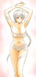  armpits arms_up breasts brown_eyes chitose_(kantai_collection) cleavage hair_ribbon headband highres kanno_takanori kantai_collection large_breasts long_hair looking_at_viewer navel ponytail ribbon sarashi silver_hair smile solo 