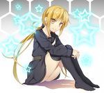  black_skirt blonde_hair kantai_collection kii_(theory) long_hair long_sleeves looking_at_viewer low_twintails satsuki_(kantai_collection) sitting skirt smile solo thighhighs twintails yellow_eyes 