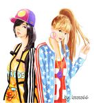  2girls 2ne1 artist_request bangs baseball_cap cl_(2ne1) earrings female hair_over_one_eye hat jewelry k-pop minzy_(2ne1) multiple_girls musician necklace ponytail realistic star_print 