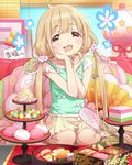  arare_(food) bangs blouse brown_eyes cake_stand candy candy_wrapper couch drooling eating eyebrows_visible_through_hair fan flower_(symbol) folding_fan food foodgasm futaba_anzu green_blouse gunkanmaki hair_ribbon hand_on_own_cheek hinamatsuri hishimochi idolmaster idolmaster_cinderella_girls ikura_(food) indoors jpeg_artifacts lantern light_brown_hair long_hair low_twintails miniskirt mochi nigirizushi obentou official_art on_couch open_mouth paper_fan ribbon roe short_sleeves sitting skirt solo sushi tiered_tray torogao translated twintails uchiwa very_long_hair wagashi yellow_skirt 