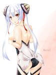  ass blush breasts chestnut_mouth hair_ornament hime_uta39 long_hair looking_at_viewer matoi_(pso2) medium_breasts mikoto_cluster open_mouth phantasy_star phantasy_star_online_2 red_eyes sideboob silver_hair twintails undressing 