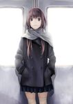  blue_eyes brown_hair coat grey_eyes hands_in_pockets hitori_(htr_t) long_hair original scarf skirt solo standing thighhighs train_interior zettai_ryouiki 