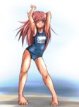  aozora_p armpits arms_up barefoot blue_eyes breasts brown_hair full_body hair_ornament hairclip katou_marika long_hair miniskirt_pirates one-piece_swimsuit one_eye_closed school_swimsuit small_breasts solo sweat swimsuit tan 