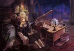  bird blonde_hair book book_stack bored cat chair dress green_eyes hat hourglass night night_sky original pointy_ears sitting sky slippers solo star_(sky) starry_sky striped striped_legwear table telescope window witch_hat xiezhua_(amyoy) 