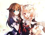  :&lt; ;d alternate_hairstyle bad_id bad_pixiv_id black_gloves blonde_hair blue_eyes blush bow braid brown_hair cis_(carcharias) fang fingerless_gloves gloves hair_bow hair_flaps hair_ornament hair_ribbon hairclip hairstyle_switch kantai_collection long_hair looking_at_viewer multiple_girls one_eye_closed open_mouth red_eyes remodel_(kantai_collection) ribbon school_uniform serafuku shigure_(kantai_collection) single_braid smile yuudachi_(kantai_collection) 