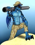  abs anthro belt blue_eyes blue_skin claws clothing dinosaur dragon hair hat kurtassclear male muscles pants pecs plain_background raptor scalie smile solo standing theropod toned troodon 