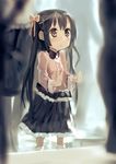  :o absurdres against_glass blush bob_(biyonbiyon) bow brown_eyes brown_hair child hair_bow highres long_hair original skirt socks solo standing tears twintails very_long_hair 