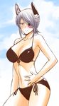  armpits bikini blush breasts cleavage eyepatch front-tie_top headgear kanno_takanori kantai_collection large_breasts navel purple_hair short_hair side-tie_bikini solo swimsuit tenryuu_(kantai_collection) yellow_eyes 