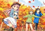  3girls 5_nenme_no_houkago absurdres argyle argyle_legwear autumn black_hair blonde_hair blush boots braid calendar camera dress hat headband highres kantoku leaf long_hair miyaguchi_hiromi miyaguchi_kanna miyaguchi_kei multiple_girls original pink_hair shorts thighhighs 