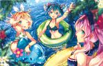  aqua_eyes aqua_hair arm_up bad_id bad_pixiv_id bikini blonde_hair bracelet double_bun green_eyes hair_ornament hair_ribbon hairclip hatsune_miku innertube jewelry kagamine_rin megurine_luka multiple_girls nail_polish navel one_eye_closed open_mouth outstretched_arm pink_hair ribbon sazanami_shione short_hair smile striped striped_bikini swimsuit vocaloid wading water 