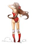  ass back boots breasts brown_hair fuuta hair_ribbon knee_pads leotard long_hair looking_back medium_breasts mutou_megumi open_mouth red_leotard ribbon solo wrestle_angels wrestling_outfit 