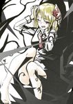  bad_id bad_pixiv_id barefoot blonde_hair blush cibo_(killy) hair_ribbon hands_on_own_head one_eye_closed open_mouth red_eyes ribbon rumia short_hair solo tears touhou wince 