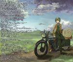  androgynous black_hair cloud coat day grass green_eyes green_hair ground_vehicle hermes kino kino_no_tabi koppen motor_vehicle motorcycle reverse_trap scenery short_hair sky translation_request wall_of_text 