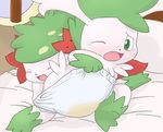  back bed blush butt diaper eyes_closed happy holding looking_back lying nintendo open_mouth peeing pok&eacute;mon sad scared shaymin sky_form tears urine video_games 