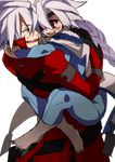  1girl ahoge blazblue blush bodysuit eyepatch hug hyakuhachi_(over3) nu-13 ragna_the_bloodedge red_eyes silver_hair 