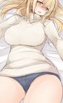  atago_(kantai_collection) blonde_hair blush breasts green_eyes kantai_collection large_breasts long_hair looking_at_viewer nekoume open_mouth ribbed_sweater short_shorts shorts sketch solo sweater 
