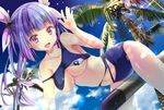  :d bad_id bad_pixiv_id beach blue_hair blush breasts cloud coconut_tree day fang hair_ornament hair_ribbon i-19_(kantai_collection) kantai_collection large_breasts lens_flare long_hair one-piece_swimsuit open_mouth outdoors palm_tree red_eyes ribbon school_swimsuit sky smile solo sparkle swimsuit takanashi_haruto torn_clothes torn_swimsuit torpedo tree twintails 