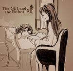  bed book child closed_eyes copyright_name english logo long_hair looking_at_another lying monaka_(siromona) monochrome multiple_girls parted_lips sitting smile the_girl_(gnr) the_girl_and_the_robot 