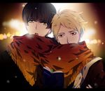  2boys black_hair blonde_hair book brown_eyes covering_face covering_mouth earphones holding holding_book kanbara_akihito kyoukai_no_kanata multiple_boys nase_hiroomi night open_mouth red_eyes rena_(renasight) scarf scarf_over_mouth shared_scarf snow winter 