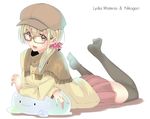  bad_id bad_pixiv_id blonde_hair brown_eyes cabbie_hat character_name glasses hat hrk173 long_hair lying original scrunchie side_ponytail skirt smile solo thighhighs zettai_ryouiki 