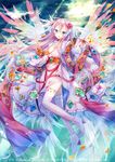 angel angel_wings blue_eyes boots copyright_name feathers flower gem gradient_wings hair_ornament halo ibara_riato jewelry light_rays long_hair michael_(z/x) multicolored multicolored_wings official_art petals pink_hair ribbon sky sunbeam sunlight thigh_boots thighhighs watermark wings z/x 