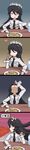  1girl 4koma black_hair bottle comic eating filia_(skullgirls) food futakuchi-onna highres hot_sauce necktie parasite pizza red_eyes samson_(skullgirls) skullgirls spitting tgme tie translation_request traslation_request x_x yellow_eyes 