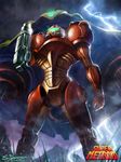  2013 arm_cannon armor cloud cloudy_sky copyright_name full_armor grass highres lightning metroid power_armor power_suit rain samus_aran signature sky solo space_craft steven_donegani super_metroid varia_suit visor weapon 