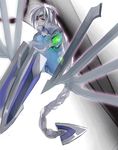  ahoge blade blazblue empty_eyes eyepatch hyakuhachi_(over3) long_hair mecha_musume nu-13 red_eyes silver_hair solo weapon 