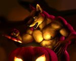  anthro biceps black_nose canine claws convenient_censorship fangs fur halloween holidays lag2011 male mammal muscles nipples nude open_mouth pecs pose pumpkin solo teeth toned tongue tongue_out wolf 