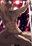  anthro arm_behind_head armpits biceps big_muscles brown_eyes bulge canine collar dancing flexing fur grey_fur looking_at_viewer male mammal muscles navel nipple_piercing nipples pecs piercing pole pole_dancing pose shircheat solo suggestive thong toned tongue tongue_out topless wolf 