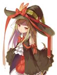  alternate_hair_color alternate_hair_length alternate_hairstyle blonde_hair bow brown_eyes commentary_request detached_sleeves dress feathers hat highres lino-lin original pomo_(lino-lin) sleeves_past_wrists solo witch_hat 