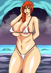  1girl areolae bikini breasts covered_nipples erect_nipples fire_tiger green_eyes highres huge_breasts large_breasts long_hair milf orange_hair pubic_hair solo swimsuit wide_hips 