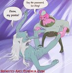  adventure_time angry ball_crushing ballbusting balls beard cock_and_ball_torture cum dialog duo english_text facial_hair female flaccid hair hat ice_king long_nose male nude old penis pink_body princess_bubblegum shmutz-art teeth text uncut white_hair 