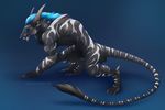  blue_background blue_eyes blue_hair charr claws feline fur guild_wars hair horn male mammal melinaeratel nude plain_background solo video_games white_markings 