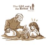  1boy 1girl age_difference beard child closed_eyes copyright_name english facial_hair hand_on_own_knee logo long_hair looking_at_another monaka_(siromona) monochrome mustache old_man open_mouth robot sitting squatting the_artisan_(gnr) the_girl_(gnr) the_girl_and_the_robot 