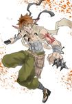  abs baggy_pants bandages between_fingers brown_hair full_body grandia grandia_i hamagurihime headband highres jumping male_focus older pants pointy_ears rapp_(grandia) short_hair solo tattoo very_short_hair weapon 