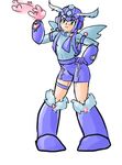  android arm_cannon fusion green_eyes hand_on_hip heart helmet highres kid_icarus mandragoria pigeon-toed pit_(kid_icarus) rockman rockman_(character) rockman_(classic) shorts thigh_strap weapon wings 