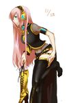  armband black_legwear blue_eyes boots boots_removed cross-laced_footwear dated detached_sleeves headset hisa_wan holding_boots lace-up_boots long_hair megurine_luka midriff navel pink_hair shoes_removed solo thighhighs vocaloid zettai_ryouiki 