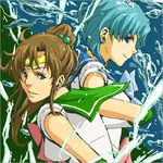  bishoujo_senshi_sailor_moon blue_choker blue_hair blue_sailor_collar bow brown_hair bubble choker electricity from_side green_sailor_collar inner_senshi kino_makoto long_hair lowres mizuno_ami multiple_girls nape oekaki pink_bow ponytail profile sailor_collar sailor_jupiter sailor_mercury sailor_senshi_uniform short_hair shou_juorou_(marumarupyon) tiara water 