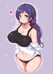  bad_id bad_pixiv_id black_panties blush breasts buttons cleavage dress_shirt green_eyes hair_ribbon heart large_breasts long_hair love_live! love_live!_school_idol_project moisture_(chichi) navel no_pants off_shoulder panties purple_hair ribbon shirt simple_background smile solo tank_top toujou_nozomi twintails underwear white_shirt 