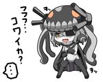  1girl amatukiamaru bodysuit cape chibi commentary crazy_eyes eyepatch fang gloves highres kantai_collection monster open_mouth pale_skin shinkaisei-kan silver_hair simple_background solo spoken_ellipsis staff turret white_background wo-class_aircraft_carrier yellow_eyes 