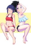  10s 2girls asymmetrical_hair bangs bare_arms bare_shoulders barefoot black_eyes black_hair blue_hair boku_no_hero_academia breasts closed_mouth collarbone feet frills glitchynpc jirou_kyouka medium_breasts midriff multiple_girls navel ponytail revision short_hair shorts simple_background sitting small_breasts smile sports_bra tied_hair toes yaoyorozu_momo 