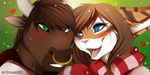  &lt;3 2013 blue_eyes blush bovine brown_hair bust christmas couple cute facial_piercing feline female green_eyes hair holidays horn hybrid icon lagomorph love lycangel male minotaur nose_piercing nose_ring open_mouth piercing rabbit romantic scarf smile snow strider_auroch tiger winter 