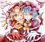  alternate_costume bat_wings blonde_hair blue_hair blush cheek-to-cheek fang flandre_scarlet gloves hat highres looking_at_viewer merry_christmas multiple_girls nobu_baka open_mouth outstretched_hand red_eyes red_gloves remilia_scarlet short_hair siblings sisters smile star star-shaped_pupils symbol-shaped_pupils touhou white_gloves wings 