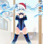  1girl aqua_eyes bare_shoulders black_heart blush breasts chou_megami_shinkou_noire_geki_kami_black_heart choujigen_game_neptune christmas christmas_hat cleavage crossed_arms edit edited hat multiple_girls neptune_(series) noire official_art photoshop santa_hat solo tsunako twintails white_hair 