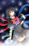  ahoge arm_support asymmetrical_wings black_hair bow dress glowing grin hand_up highres houjuu_nue looking_at_viewer red_eyes short_hair short_sleeves sky smile snake solo star_(sky) starry_sky thighhighs tokoya_(ex-hetare) touhou ufo wings zettai_ryouiki 