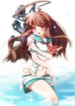  ahoge bad_id bad_pixiv_id brown_eyes brown_hair groin highres kantai_collection kazushima kuma_(kantai_collection) long_hair machinery navel open_mouth ribbon solo tears torn_clothes 